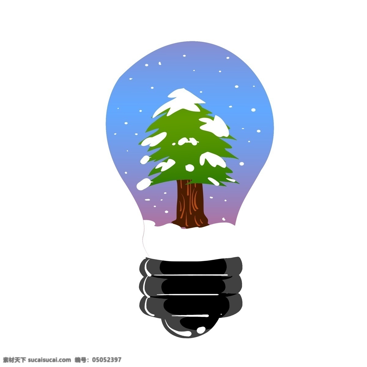 松树 雪景 灯泡 插画 蓝紫色 渐变 松树雪景装饰 照明的工具 创意节能灯泡 黑色的灯柄 飘落的雪花