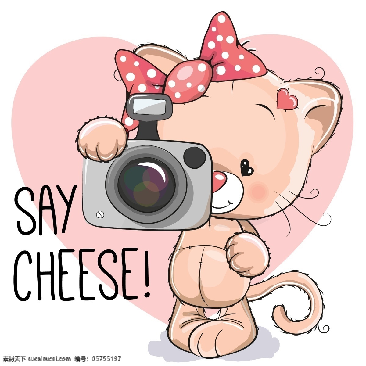 可爱卡通形象 蝴蝶结 猫咪 卡通猫 相机 拍照 底纹背景 卡通背景 粉红色可爱 卡通设计