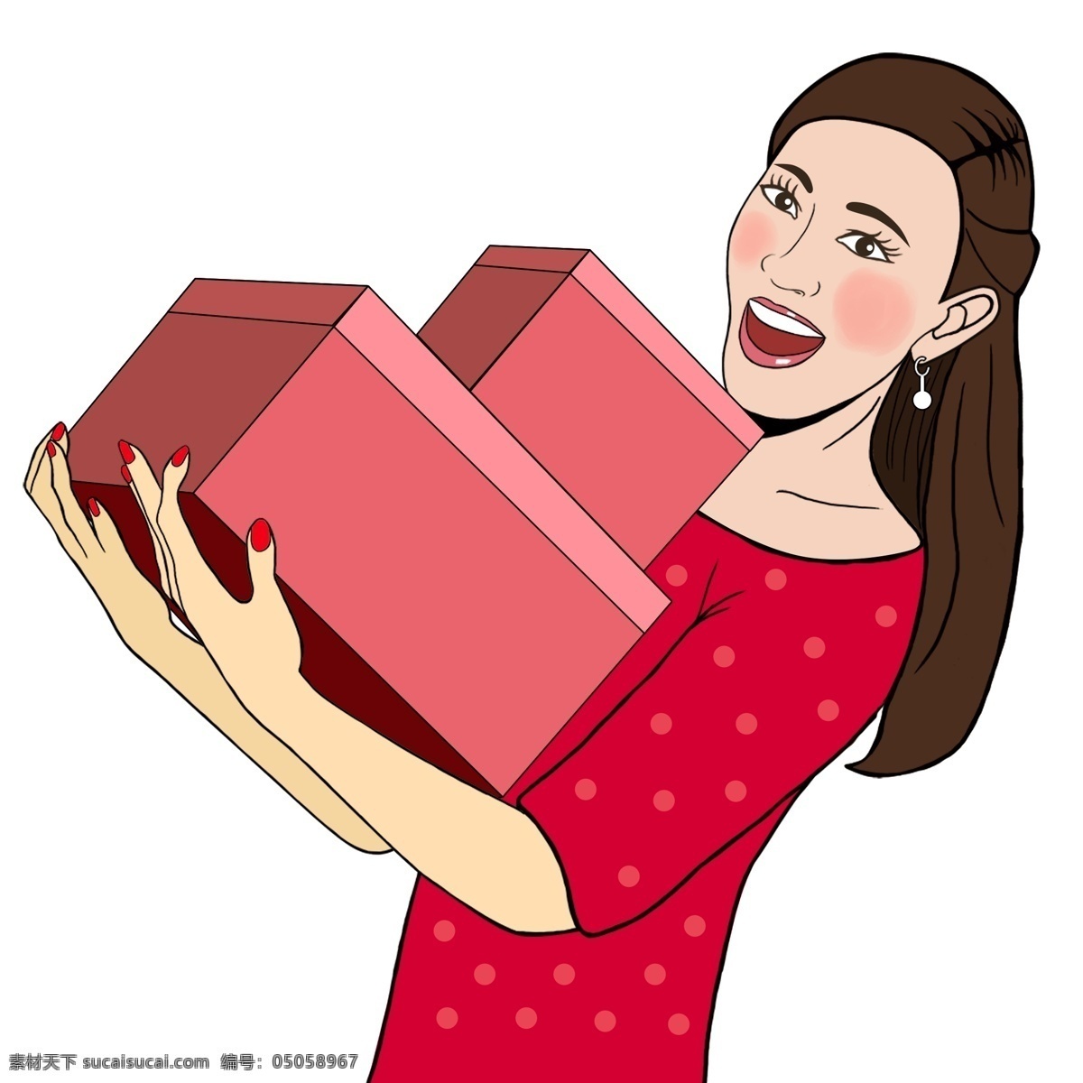 卡通 女人 抱 礼物 盒 高兴 大笑 原创 元素 红色 连衣裙 可爱 女孩 礼物盒 原创元素 设计元素