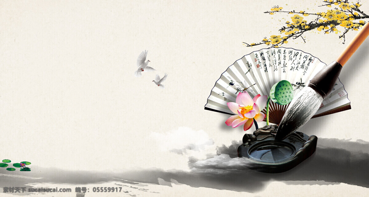 中国 风 水墨 扇子 背景 广告 花朵 中国风