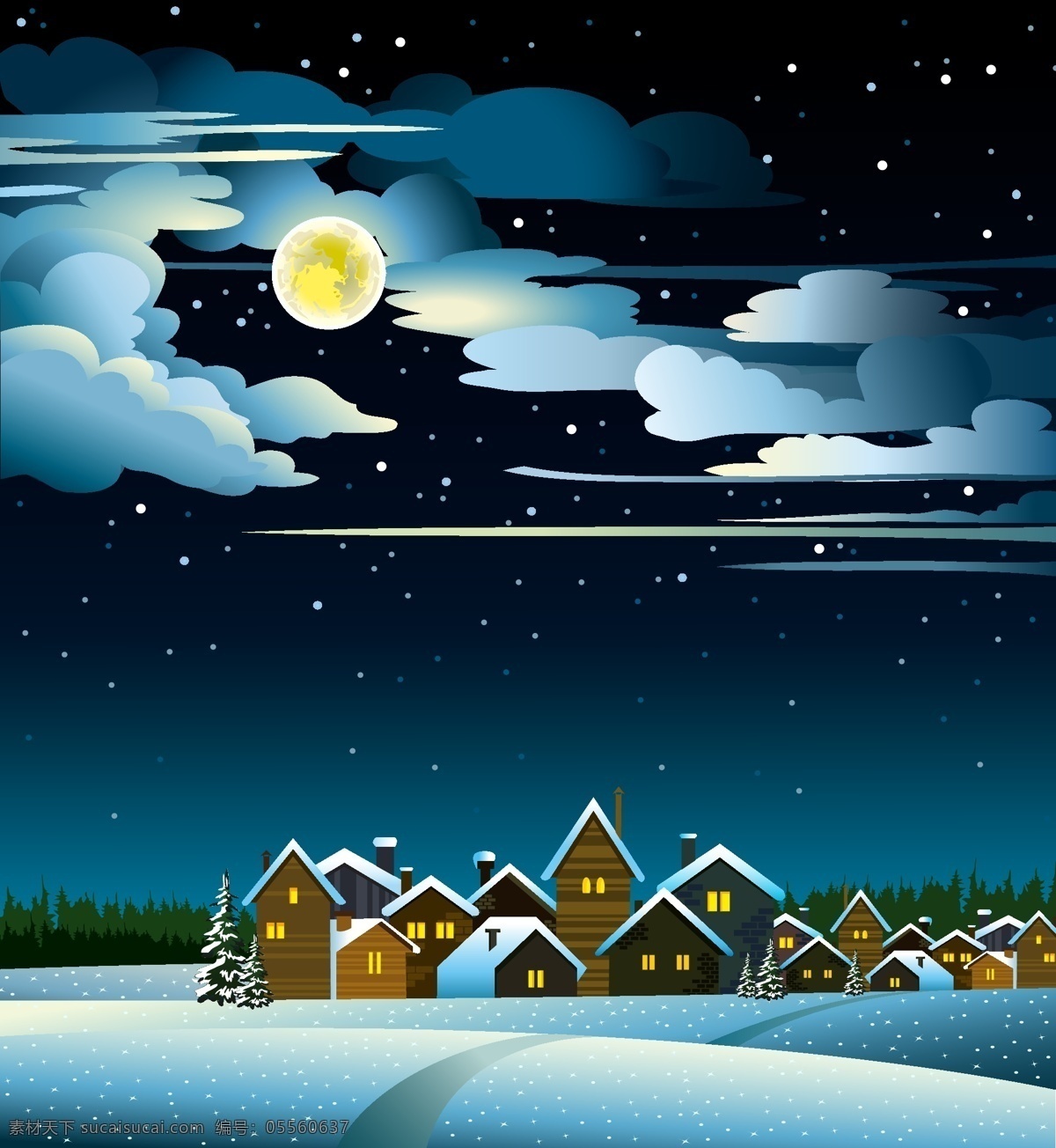 迷人 冬天 夜晚 景观设计 矢量图 景观 晚上 矢量风光 装饰素材 油画
