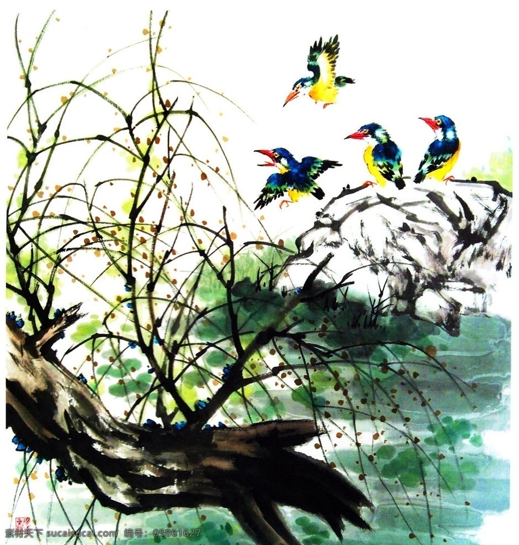 好鸟鸣翠国画 翠鸟 河边 柳枝 树枝 春天国画 翠鸟水墨画 翠鸟水彩画 花鸟国画 国画素材 背景装饰画 室内挂画 装饰画 国画集 绘画书法 文化艺术