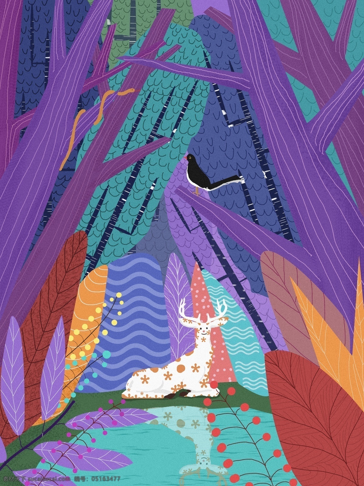 林 深 时见 鹿 治愈 系 原创 插画 树林 倒影 色彩 鸟 树干 林深 见鹿 蛇 湖泊 配图