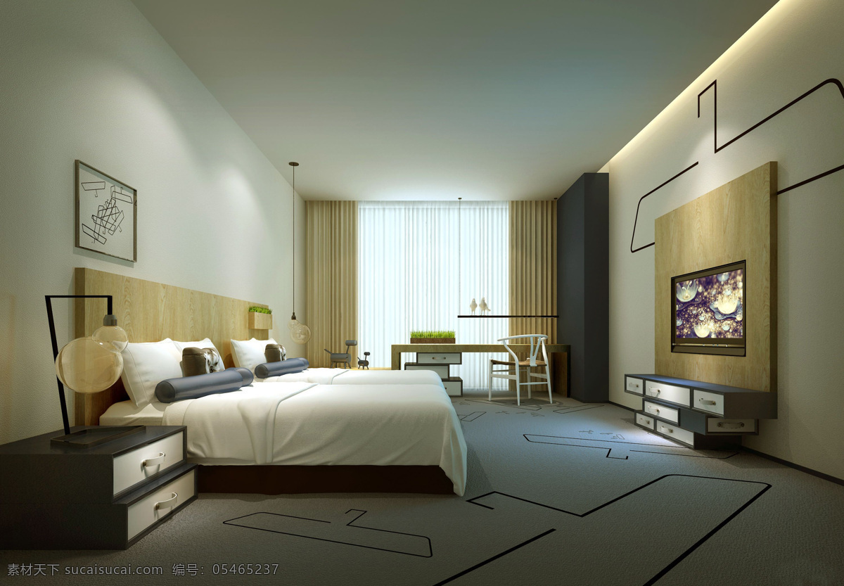 现代 时尚 简约 酒店 卧室 装修 效果图 创意地板 舒适大床 白色 背景 墙 吊顶 实木 电视