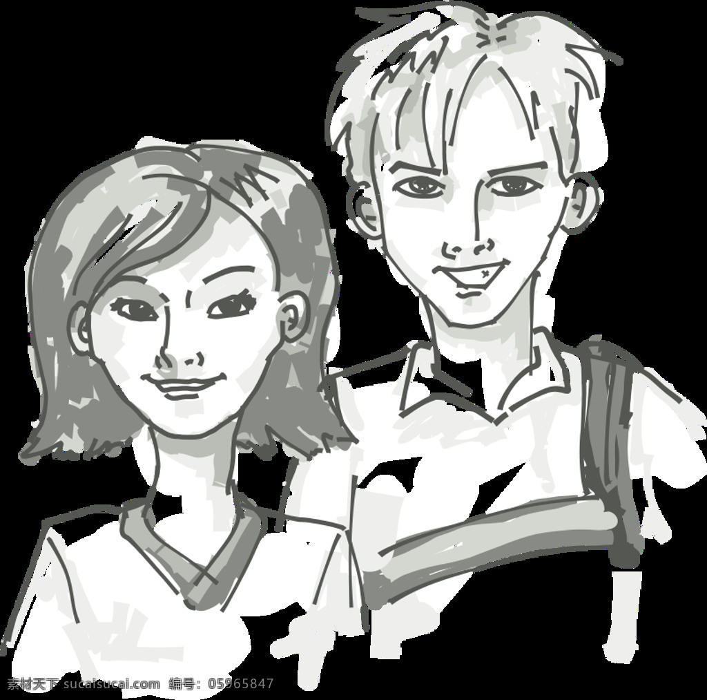 两个 微笑 年轻人 卡通 漫画 男孩 女孩 女人 学生 城域网