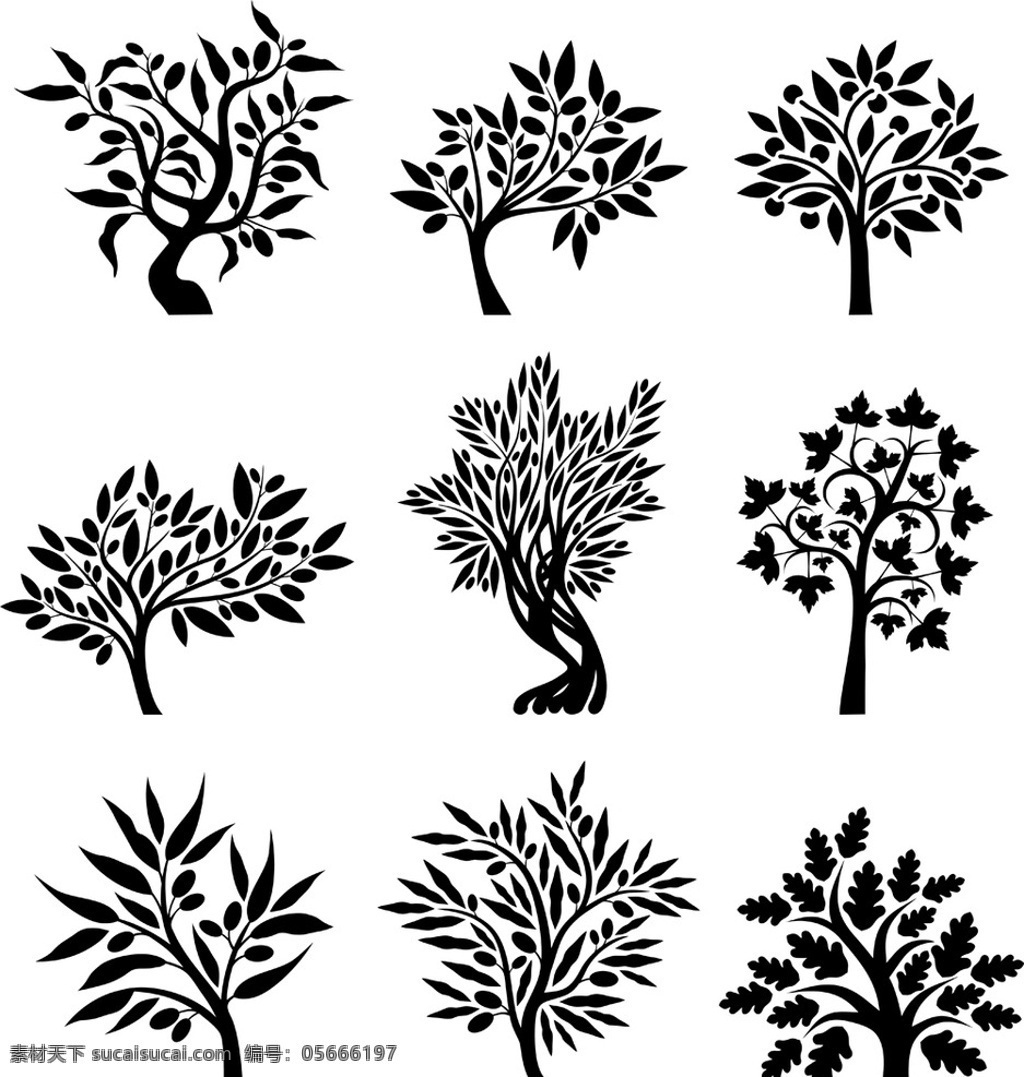树木剪影 树木轮廓 树叶 手绘树木 树木贴图 植物 园林 树木插图 生物世界 矢量 树木树叶