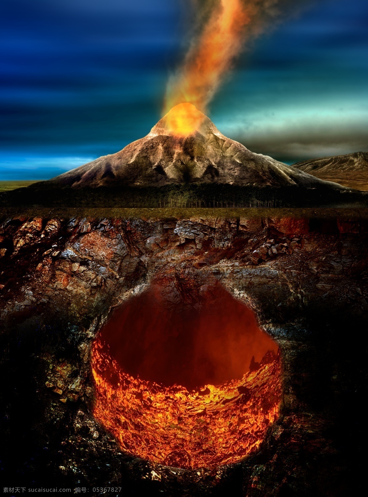 火焰山 火山 蓝天 爆发 地底 岩浆 滚滚 活火山 地底火山 山峰 烟雾 分层 源文件