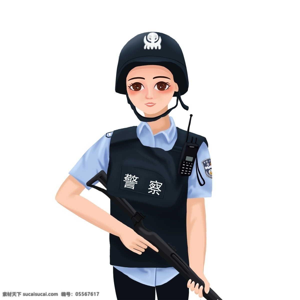 帅气 武警 小 姐姐 卡通 人物 手绘 插画 女警 警察 职业 手枪