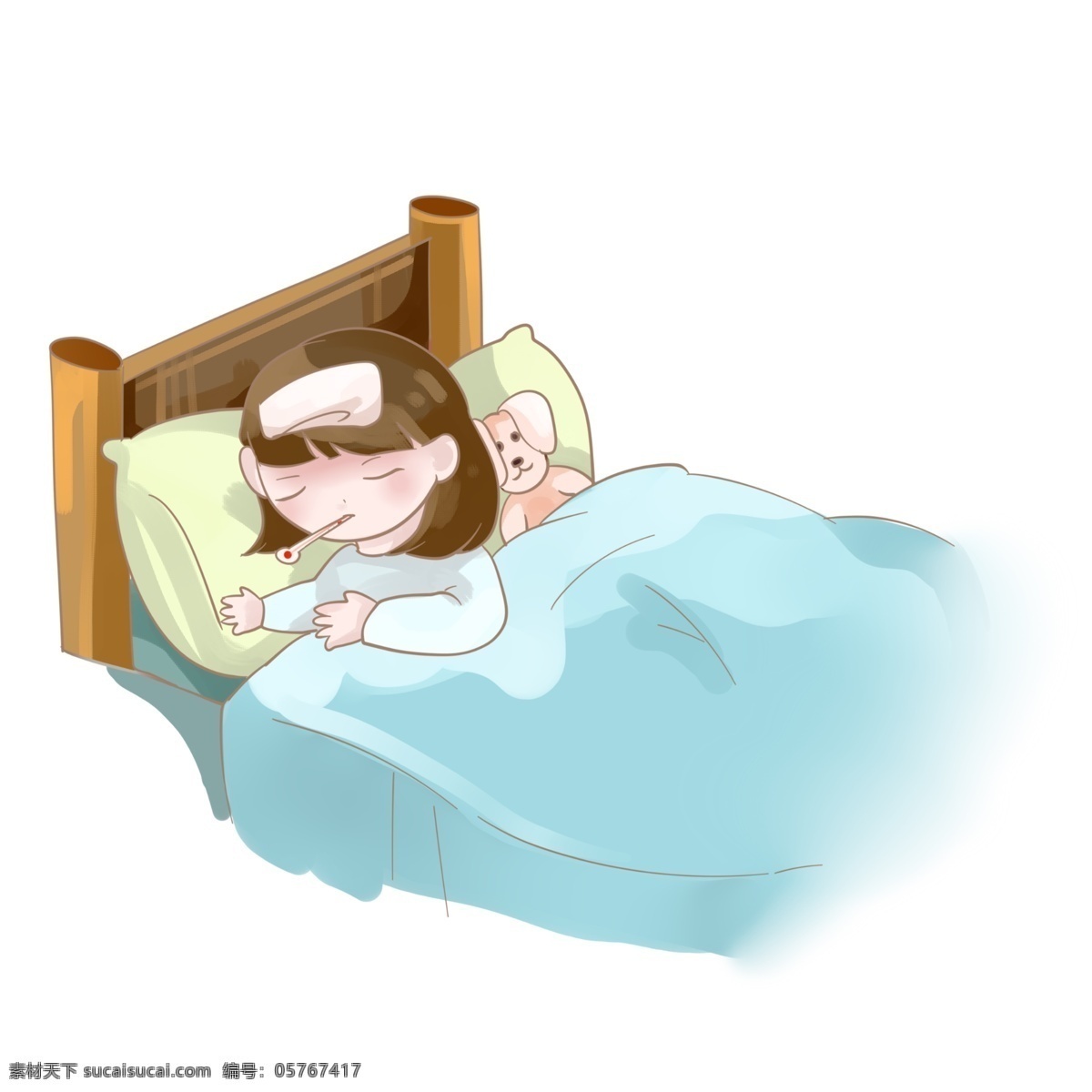 生病 发烧 卧床不起 小女孩 病人 感冒发烧 温度计 休息 难受 降温 痛苦的样子