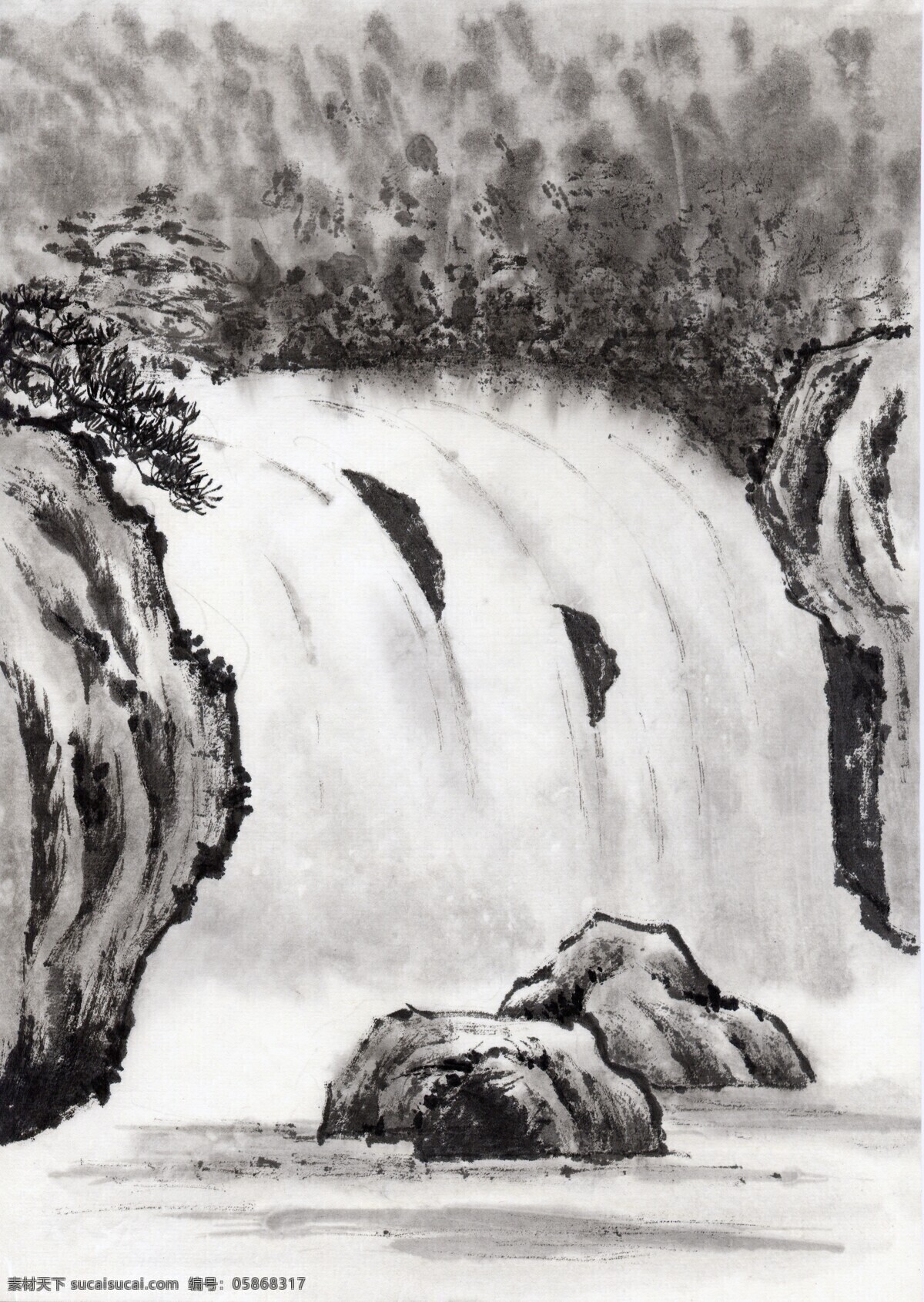 瀑布 水流 古色古香 山水画 水墨画 文化艺术 溪水 中国风