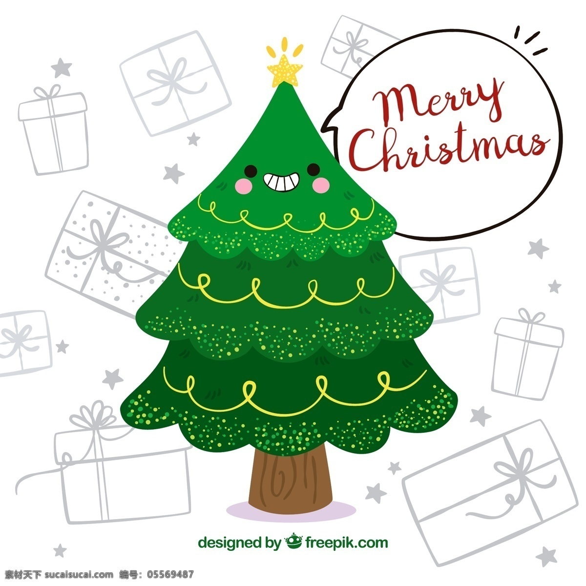 彩绘 绿色 笑脸 圣诞树 矢量 彩色 节日 圣诞节 松树 植物