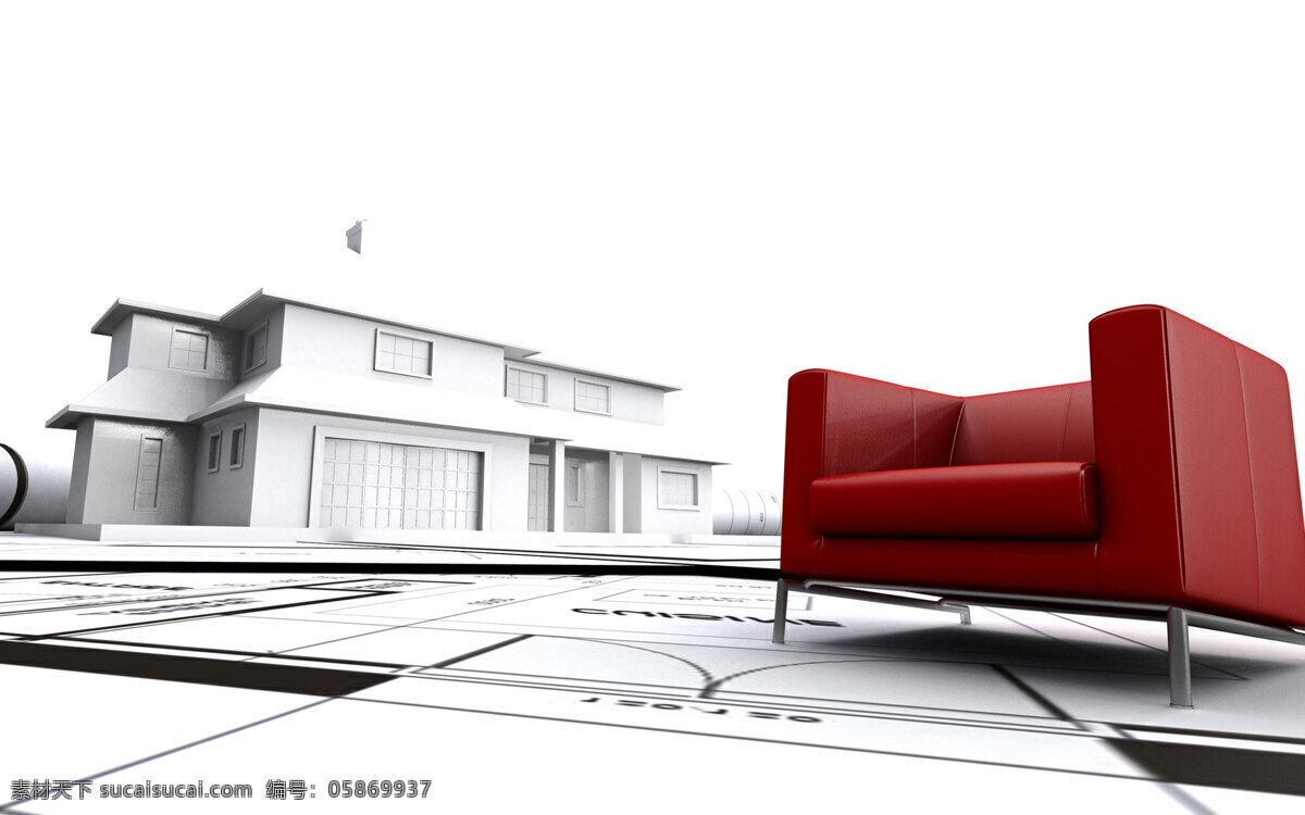 三维 建筑 cad 沙发 创意 房屋 红色 图纸 背景图片