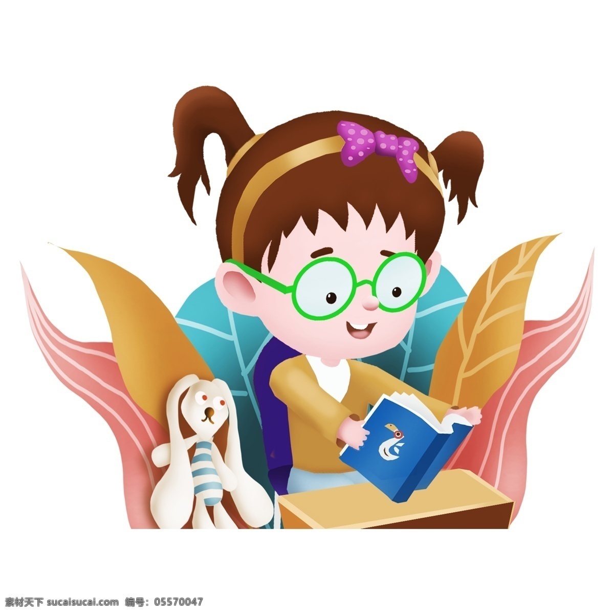 手绘 读书 小女孩 元素 植物 娃娃 元素设计 装饰图案 彩色元素 卡通元素 可爱元素