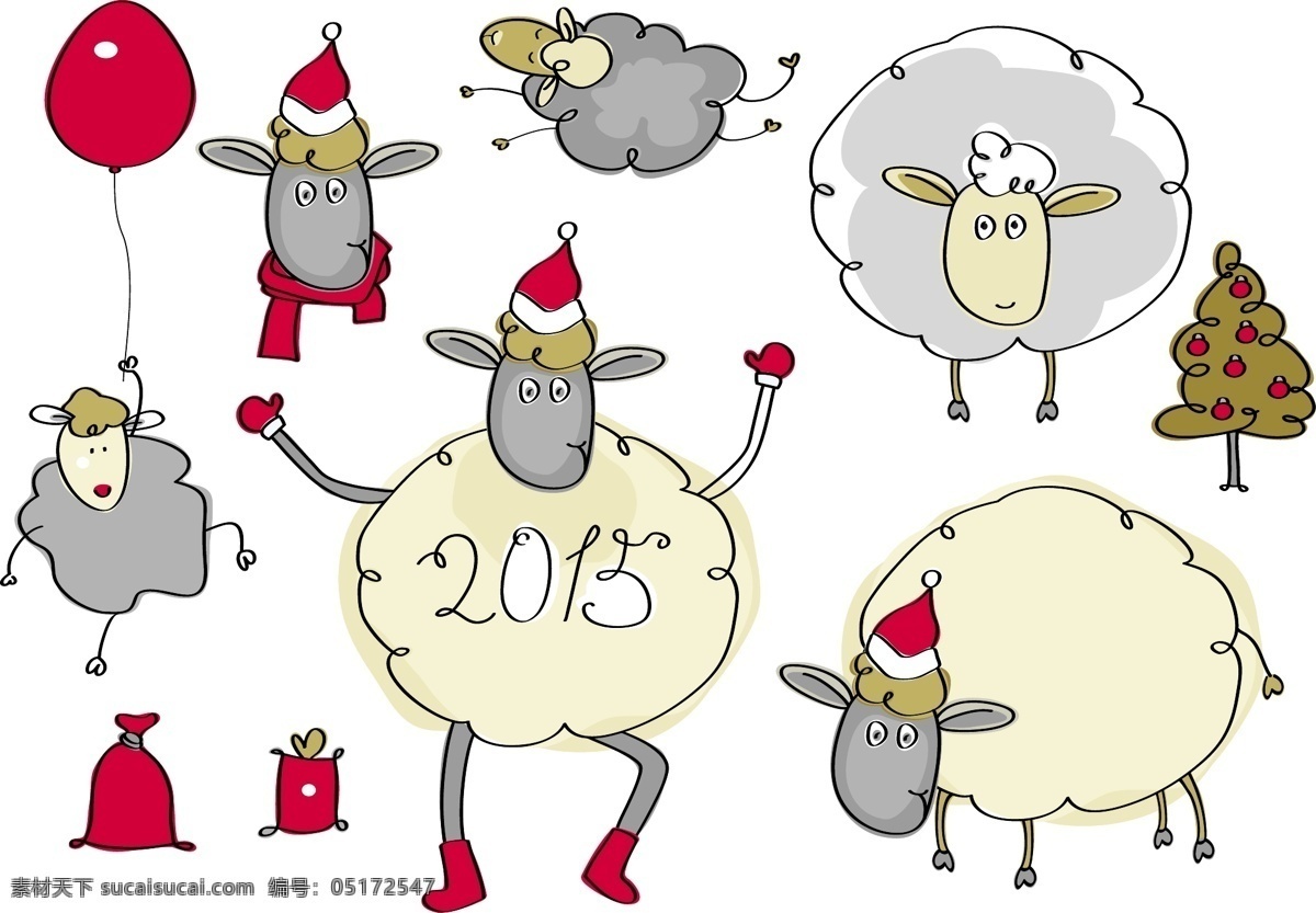 线描 风格 可爱 绵羊 矢量 2015 eps格式 卡通 气球 圣诞树 矢量图 节日素材 2015羊年