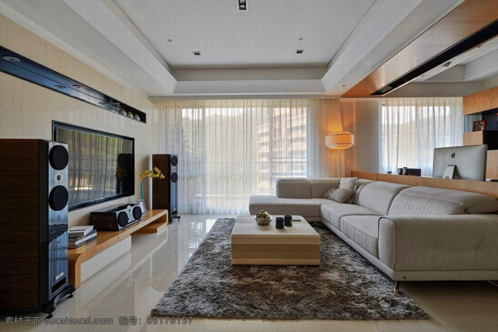 现代 清爽 客厅 白色 地板 室内装修 效果图 瓷砖地板 客厅装修 木制茶几 浅色背景墙 深色花纹地毯