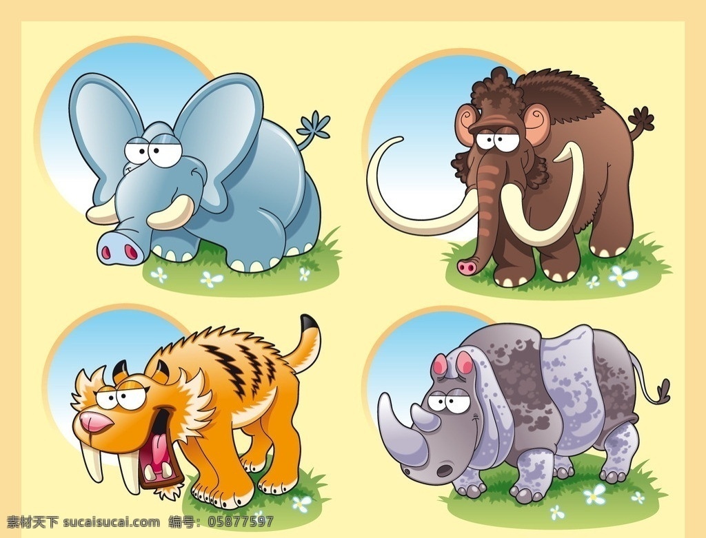 卡通动物 大象 犀牛 猛犸 卡通 动物 矢量 矢量素材 野生动物 生物世界