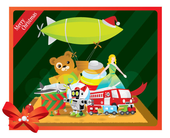 卡通 圣诞贺卡 矢量 洋娃娃 独眼熊 氢气球 边框 蝴蝶结 圣诞帽 玩具 礼物 汽车 圣诞节 矢量图 白色
