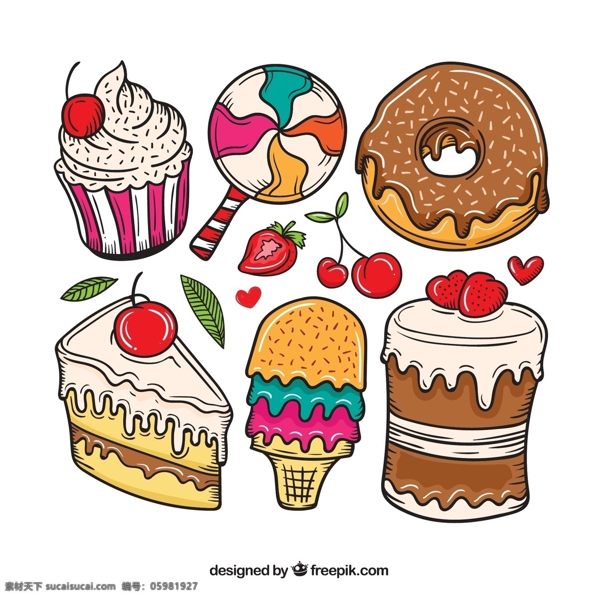 卡通甜点 甜点 棒棒糖 甜甜圈 蛋糕 草莓 樱桃 冰淇淋 矢量卡通 生活百科 餐饮美食