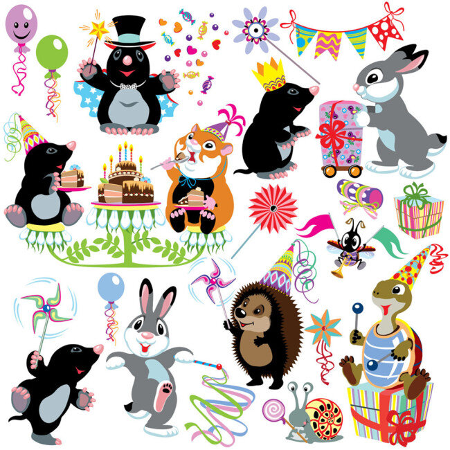 彩色 动物 生日 可爱风格 生日素材 矢量 英文 字体 3d气球 卡通动物 饰物类
