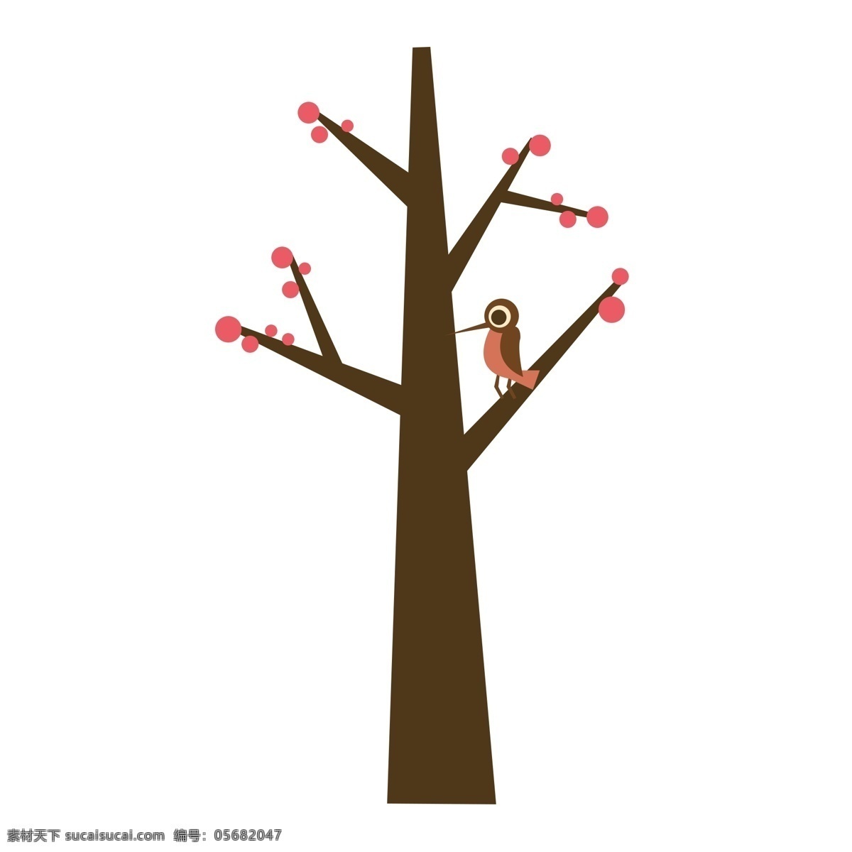 树枝 上 可爱 啄木鸟 矢量 咖啡色树干 红色果实 站立 超级 儿童插画 童趣