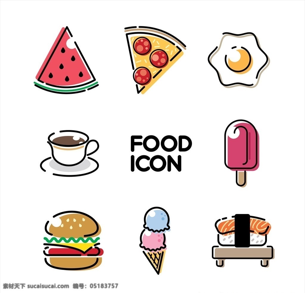 清新 可爱 甜品 图标 icon ui 小图标 图标设计 西瓜 咖啡 披萨 荷包蛋 棒冰 冰激凌 寿司 食物 美食 汉堡 快餐 标志图标 其他图标