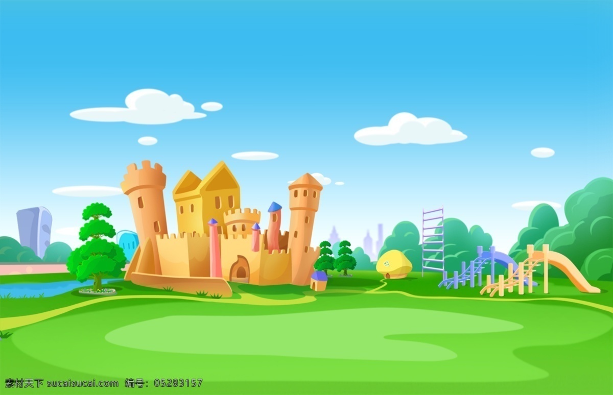 卡通城堡 蓝天 白云 绿地 黄色 卡通 森林城堡 梦幻卡通城堡 卡通墙 幼儿 动漫动画