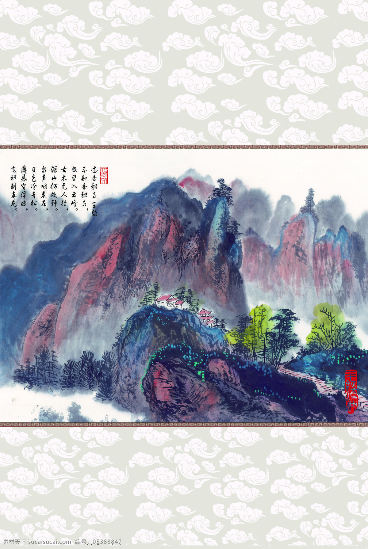 中国画 元素 两门图 国画 花草 墨画 彩画 中国 山水 树木 山水画 装饰素材 移门