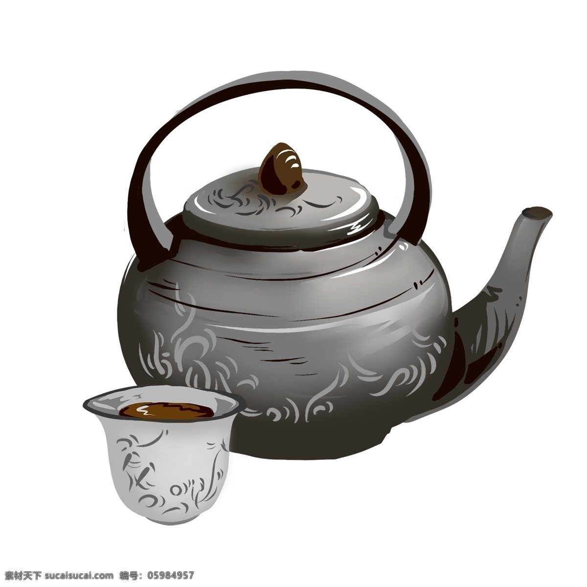 手绘 茶具 茶饮 元素 免 抠 陶瓷 茶壶 茶杯 茶