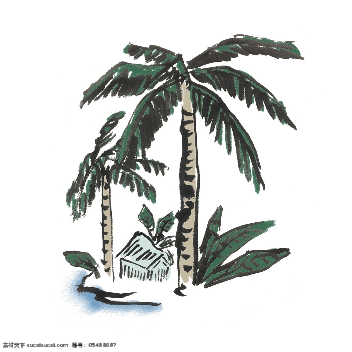 椰子树 夏天 水墨 手绘 插画 夏季 椰子 清凉 水果 中国风 古风 水墨风 墨迹 彩色 生动 花草 国风 国画