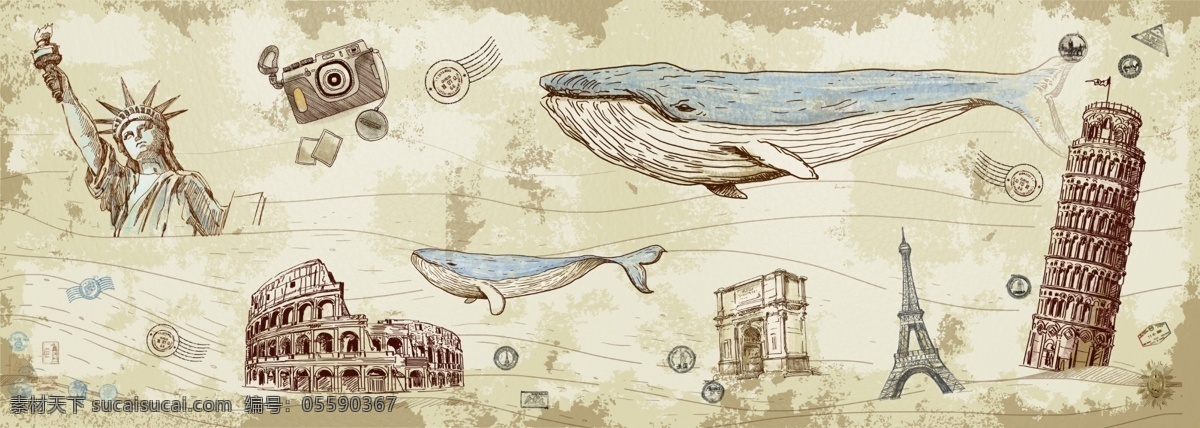 鲸鱼 复古 欧式 背景 墙 海报 素材图片 背景墙