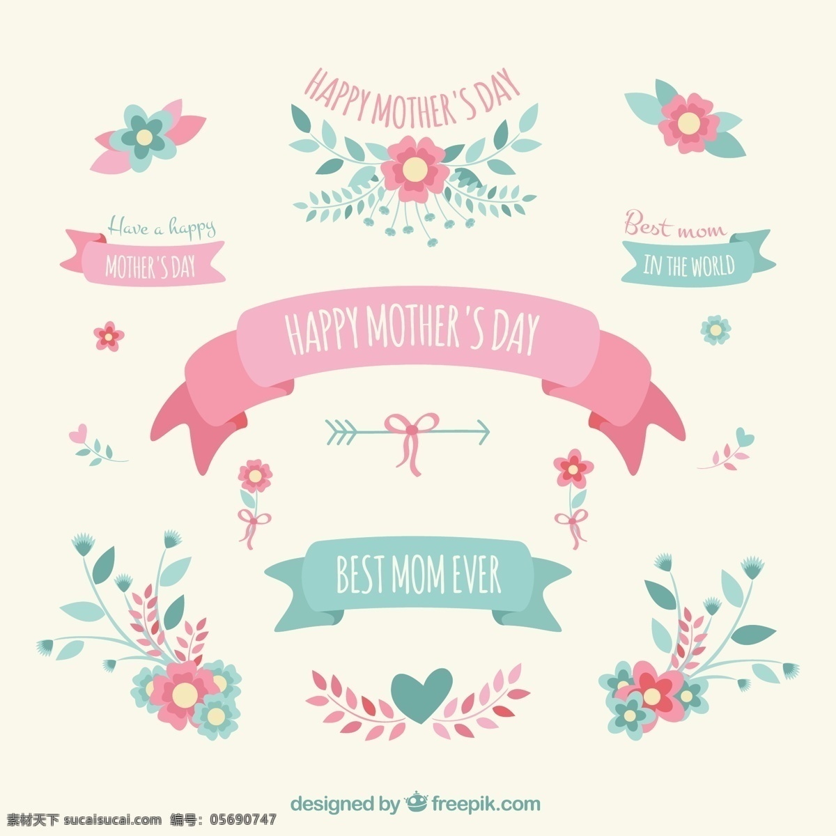 清新 母亲节 元素 矢量图 花卉 丝带 happy mothers day