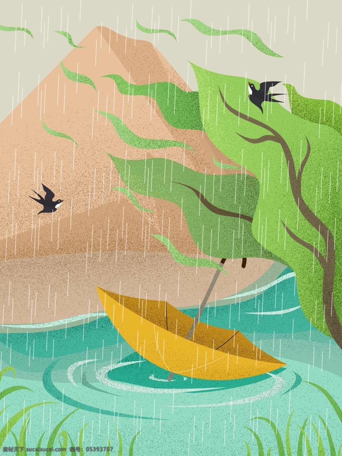 春天 清新 雨天 卡通 装饰画 雨伞 小鸟 大树 高山 下雨 柳树 燕子 小溪