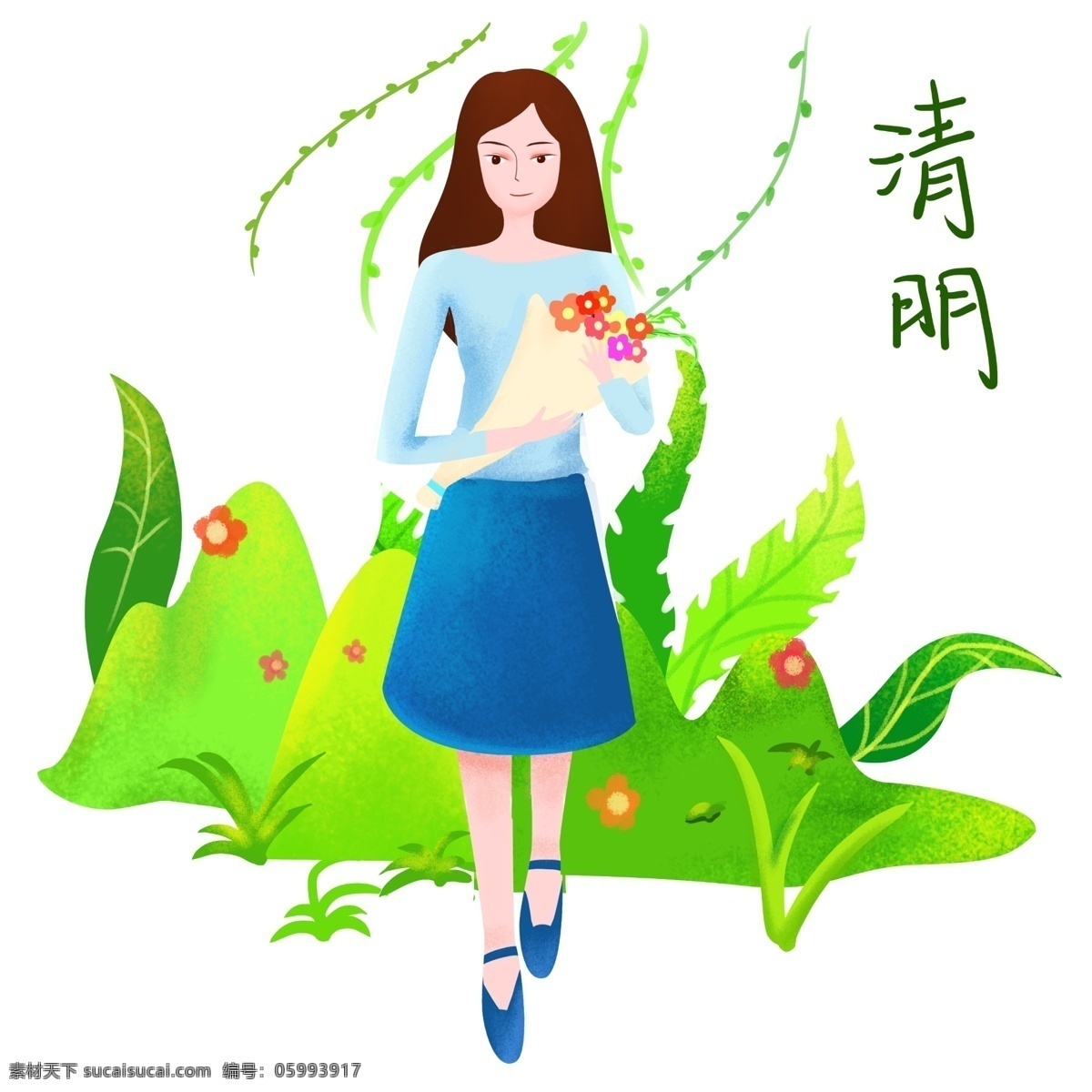 清明节 花束 女孩 插画 一束鲜花 节日 祭拜的女孩 绿色植物装饰 绿叶装饰