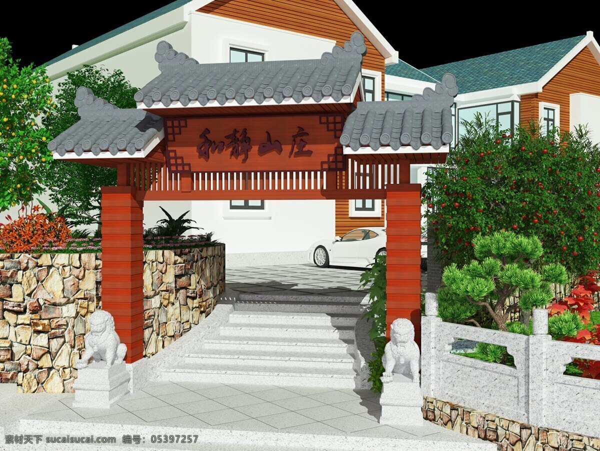 大门 3d 建模 效果图 山庄大门 景观设计 花园设计 中式古建 别墅大门