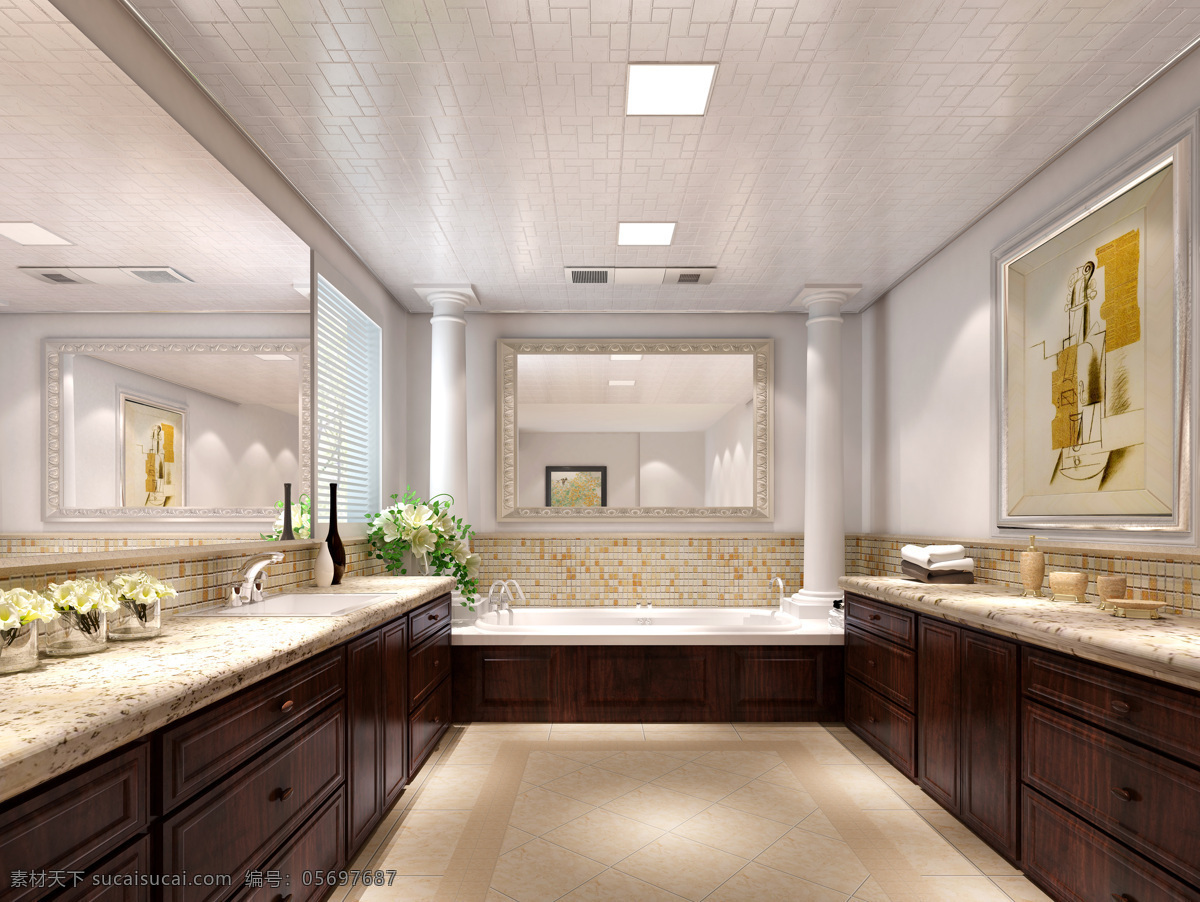 浴室 场景 图 地板 环境设计 木柜 室内设计 效果图 浴缸 浴室场景图 家居装饰素材