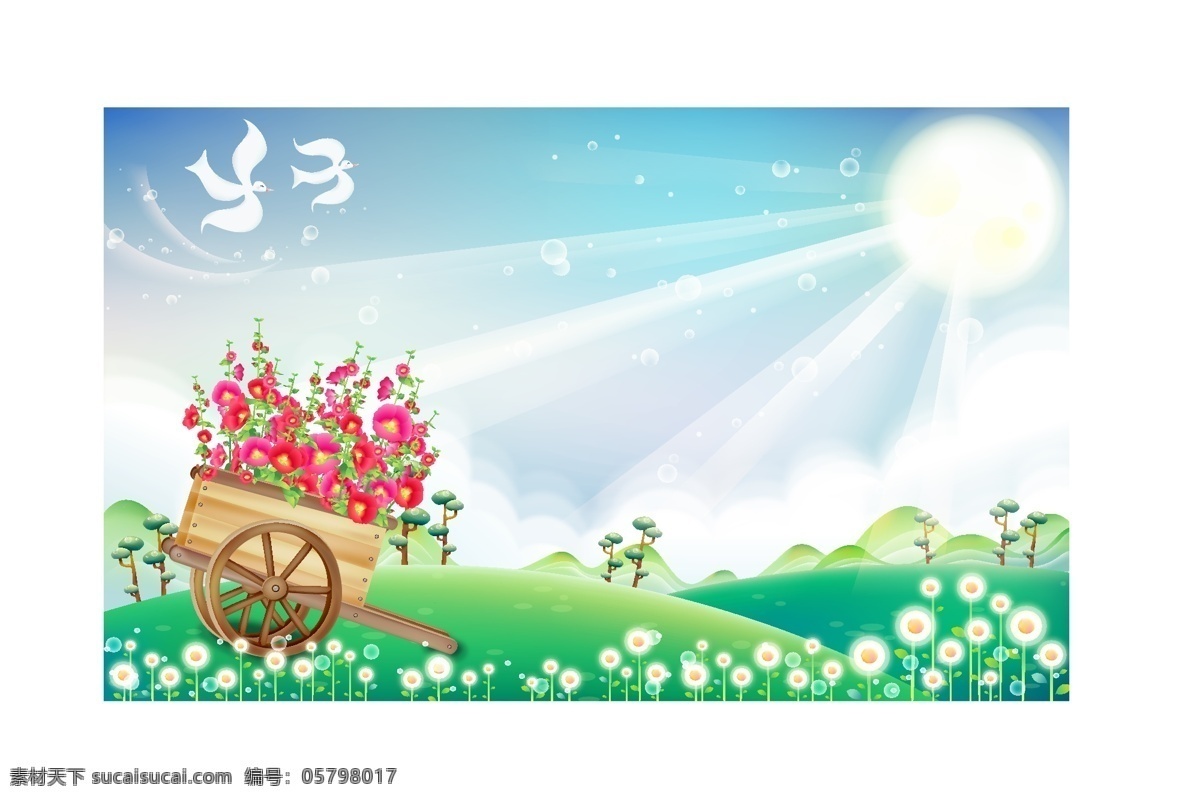 矢量 自然风光 草地 树木 天空 小鸟 阳光 矢量自然风光 木车 矢量图 其他矢量图