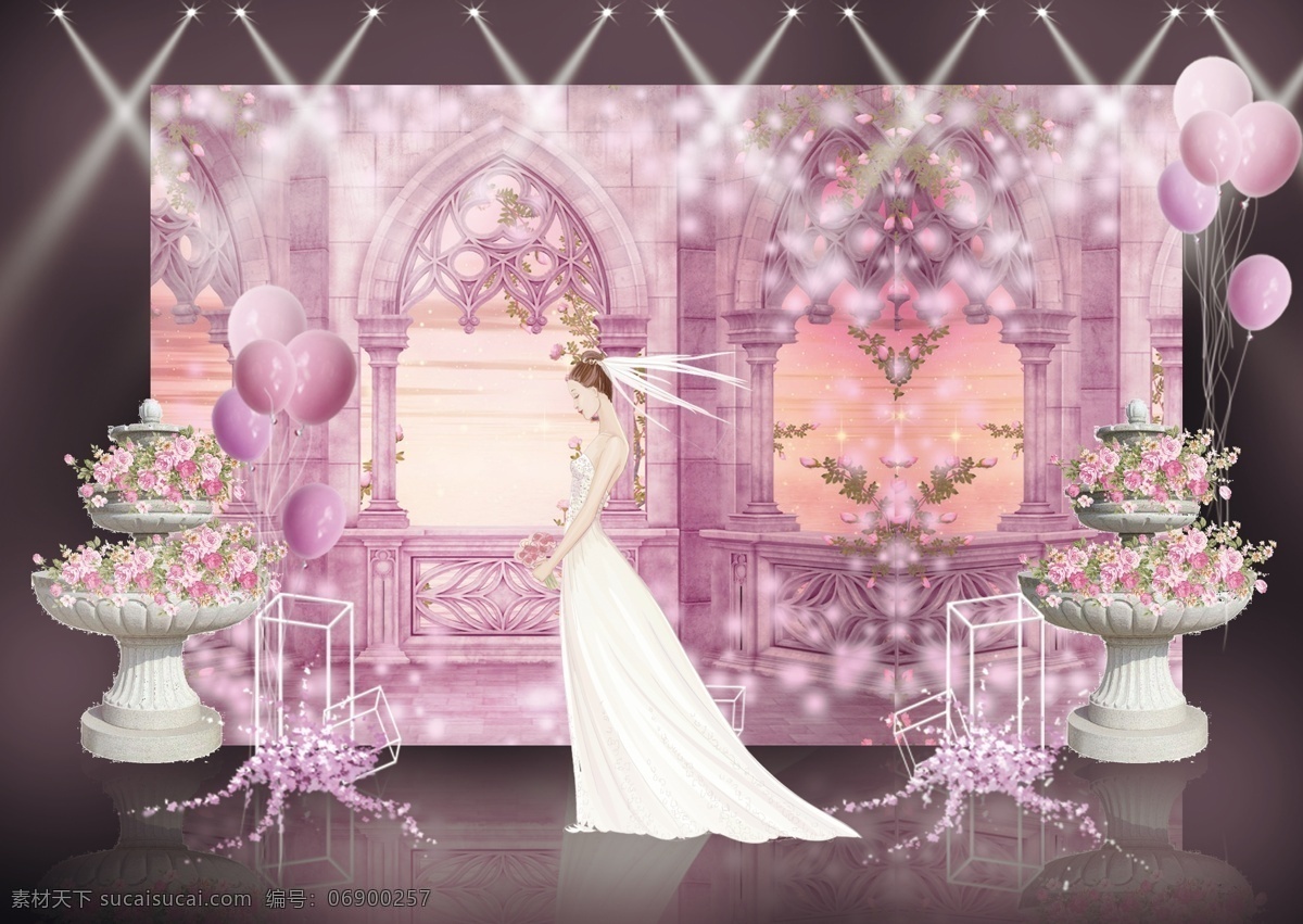 粉色 梦幻 城堡 室内 婚礼 效果图 气球 光束 欧式 窗户 公主 迎宾区 帕灯 喷泉 花艺 铁艺框
