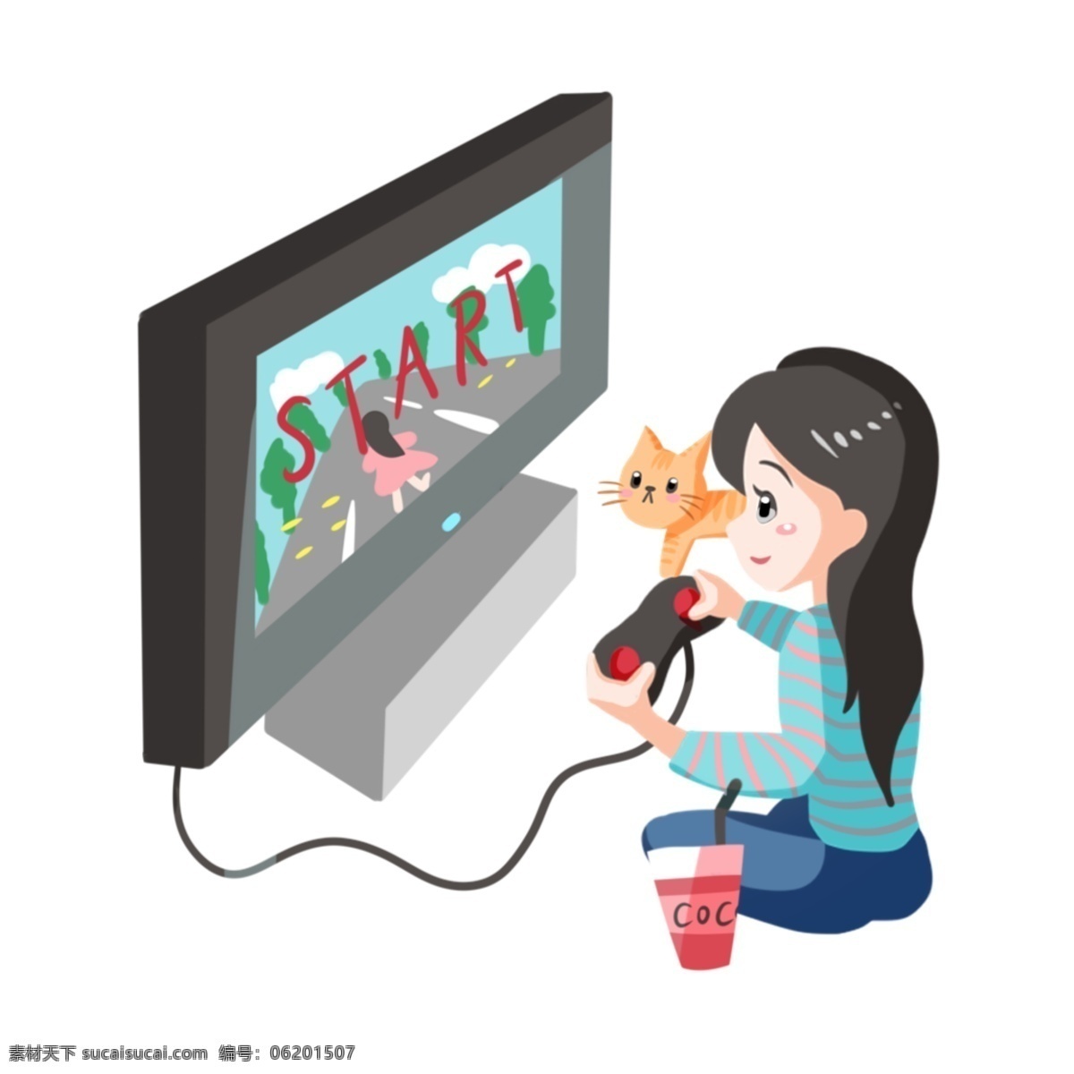 手绘 宅 女 游戏 插画 黄色的猫咪 卡通插画 好玩的游戏 游戏机 女孩 在家 里 孩子 手绘宅插画