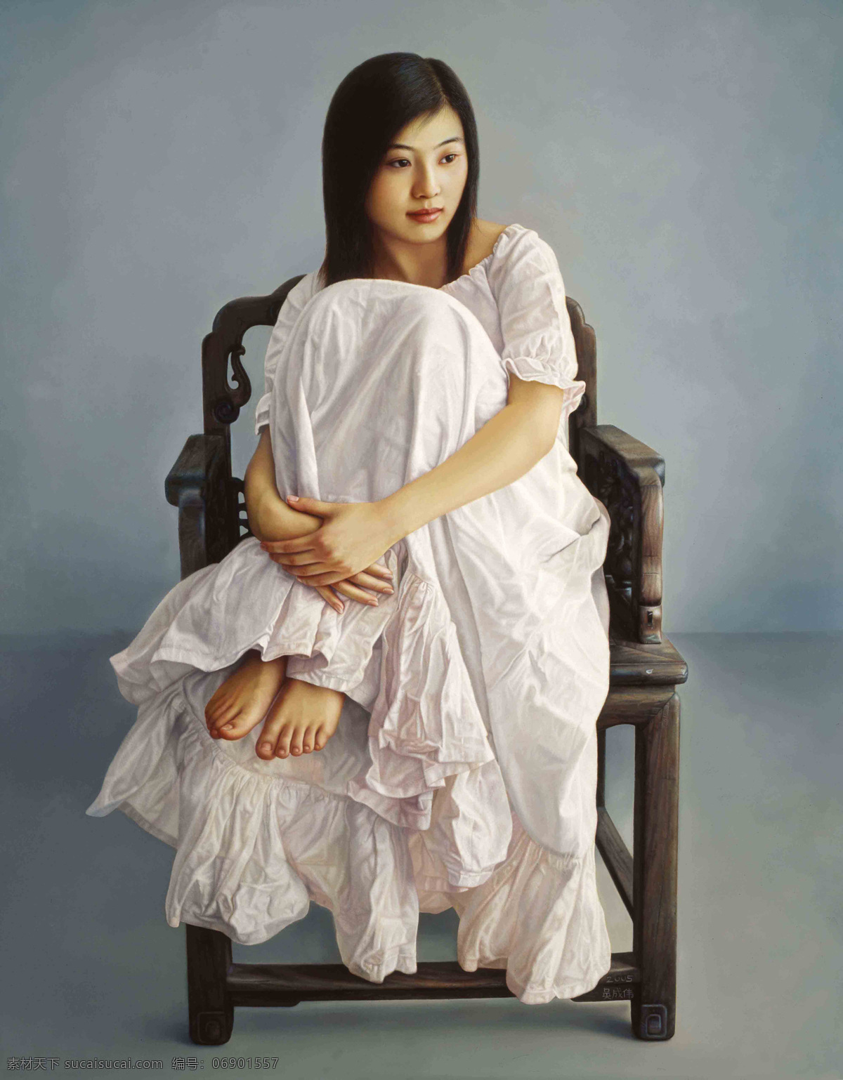 古典油画 绘画书法 美女油画 文化艺术 写实油画 椅子 油画美女 油画人物 油画少女 白裙 抱膝 家居装饰素材