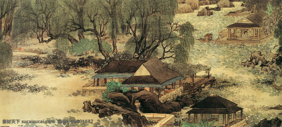 山水 名画 书画名家 熊 真迹 范湖 草堂 图 三 长卷 古画 山水画 书画真迹 中国水墨画 名家任熊 绢本 设色 分段取景 局部特写 锦秀多姿 范湖草堂风貌 文化艺术