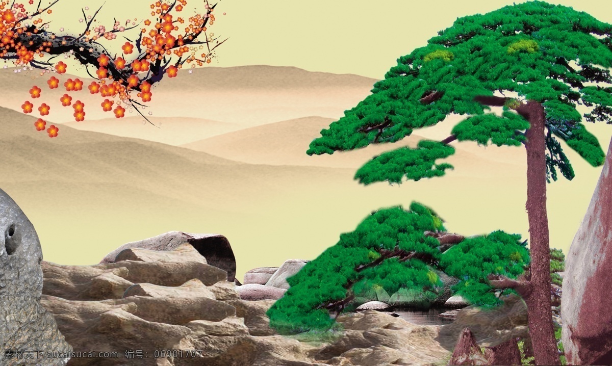 山水画 分层 风景 梅花 山石 石头 迎客松 源文件 远山 自然 家居装饰素材 山水风景画