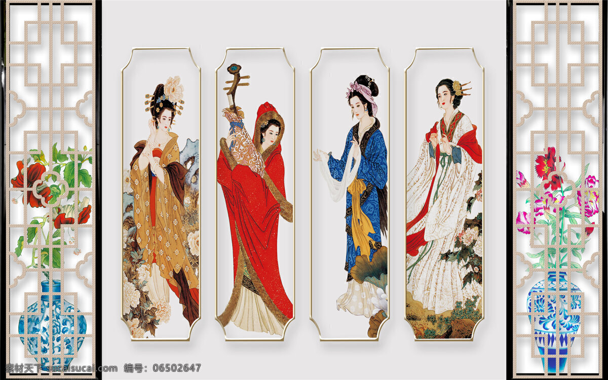 新 中式 装饰画 背景 美女 仕女 花瓶 窗格 花鸟