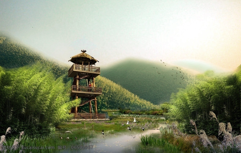 观景台 观景 景观平台 景观效果图 树木 湖水 风景效果图 木质塔楼 景观设计 环境设计 源文件