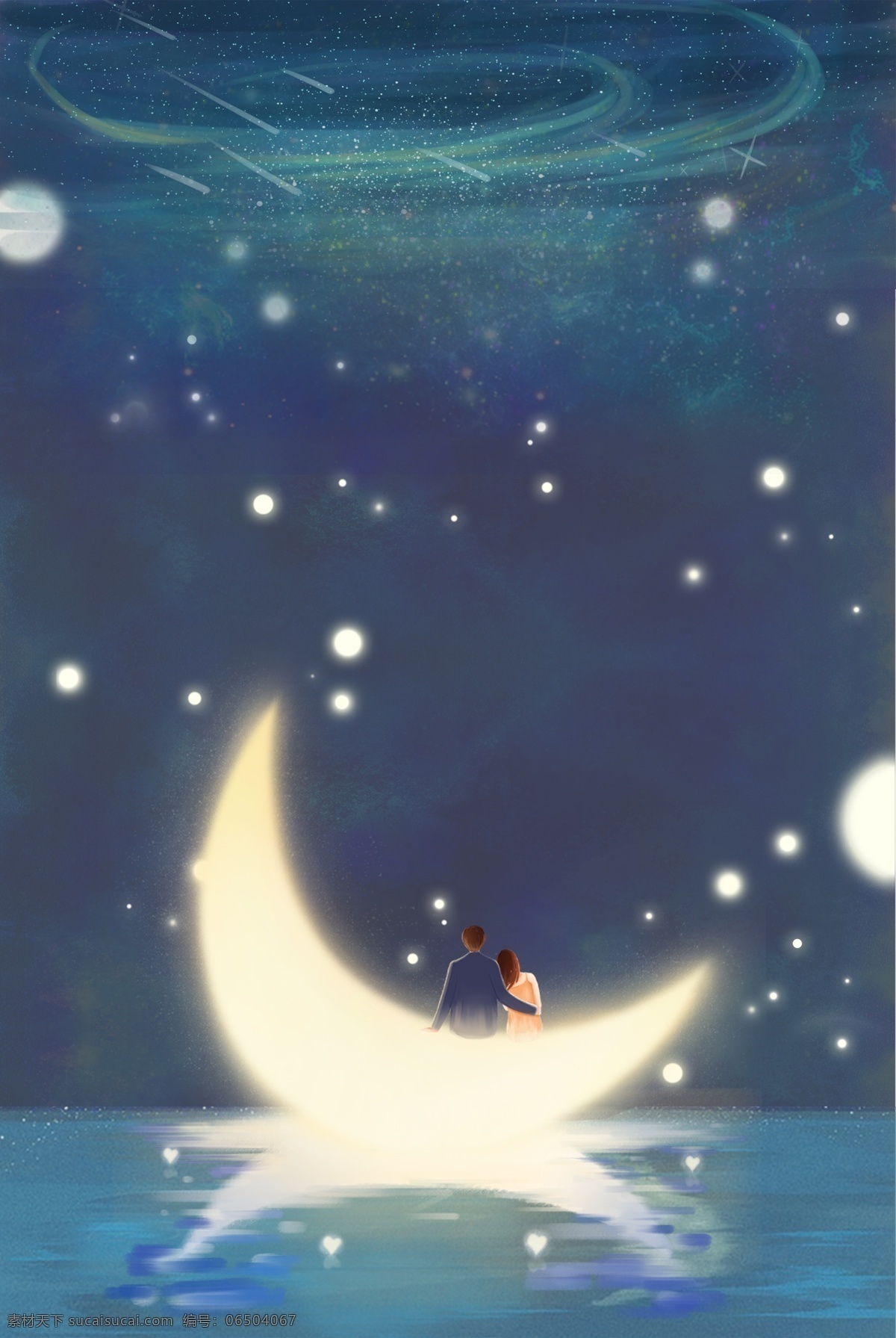 梦幻 手绘 情侣 月 海报 插画风 爱情 夜晚 星空 月亮 唯美 促销海报