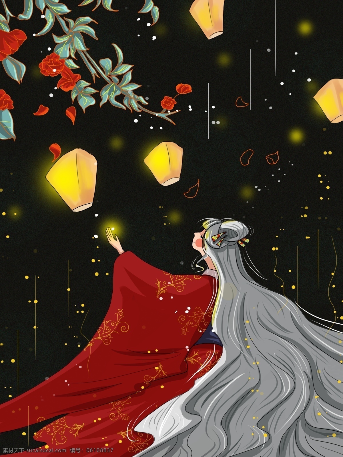 古代 女孩 许愿 孔明灯 古风 场景 插画