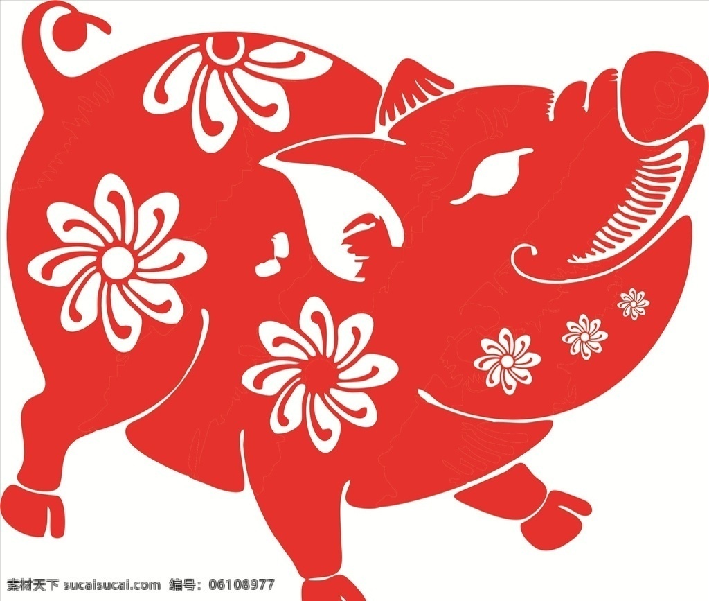 手绘 卡通 中国风 剪纸 猪年 新年 喜庆 花朵