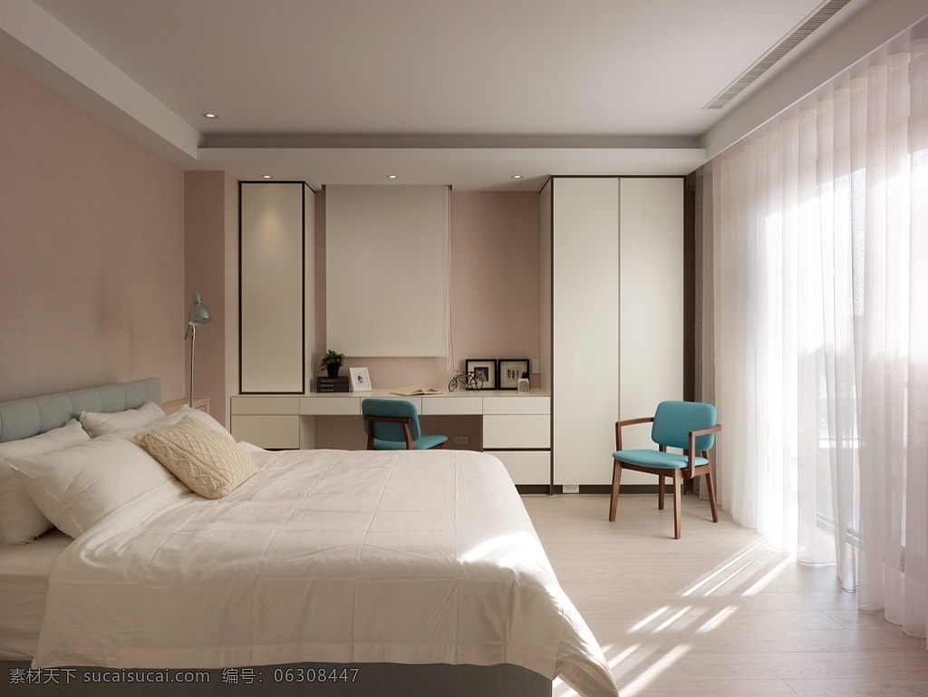 室内 卧室 现代 时尚 装修 效果图 陶瓷地板 时尚大床 大落地窗 阳光 白色窗帘