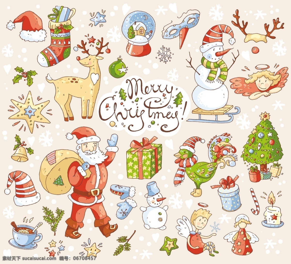 温馨 背景 卡通 圣诞节 矢量 元素 圣诞老人 帽子 雪人 卡通人物 礼物 鞋子 手套 麋鹿 圣诞树 节日背景 礼盒背景 平面设计