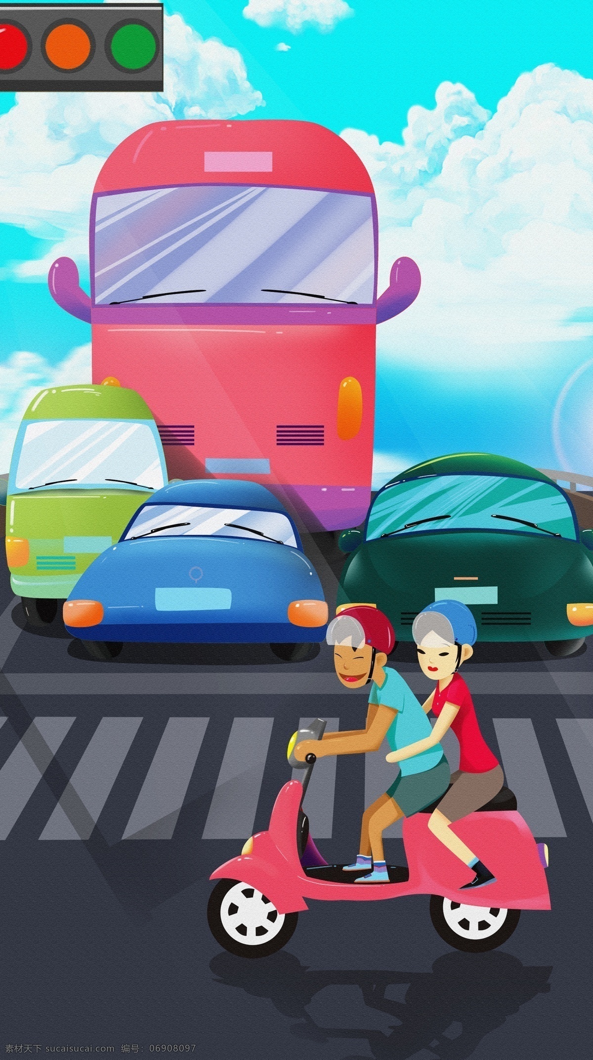 文明 行驶 安全 出行 原创 手绘 车辆 骑行 公路 tif格式 安全出行 晴天白云 行车看红绿灯 高清原创 文明行驶