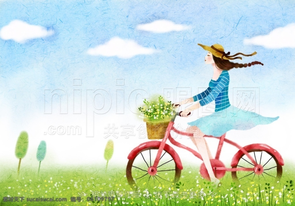 手绘少女 手绘女孩 骑单车 骑自行车 梦幻少女 梦幻女孩 卡通少女 卡通女孩 郊外旅游 郊外游玩 手绘少女插画 分层 源文件